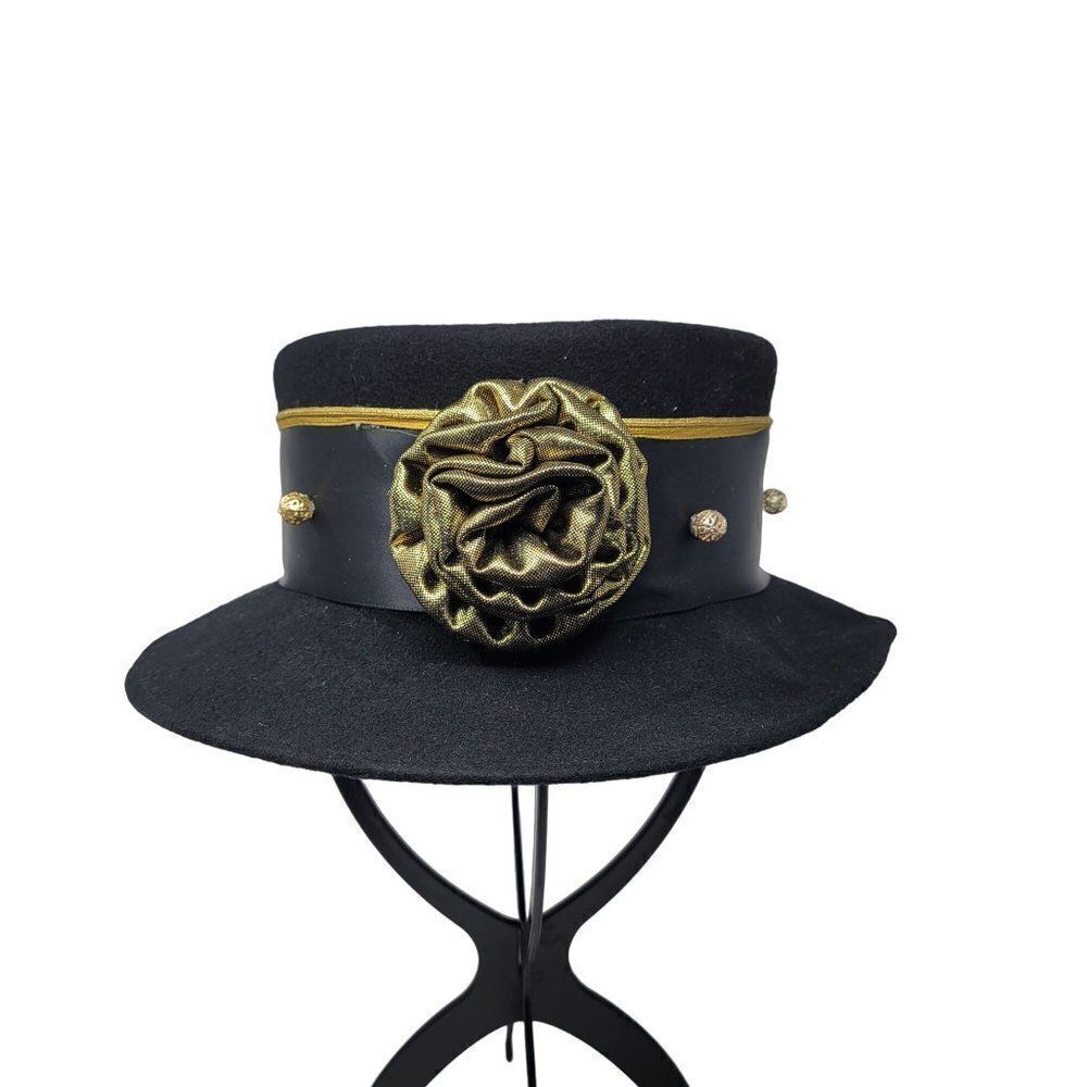 Vintage Steampunk 100% Wool Felt Top Hat Black Gold 3D Rosette USA‎ Cosplay